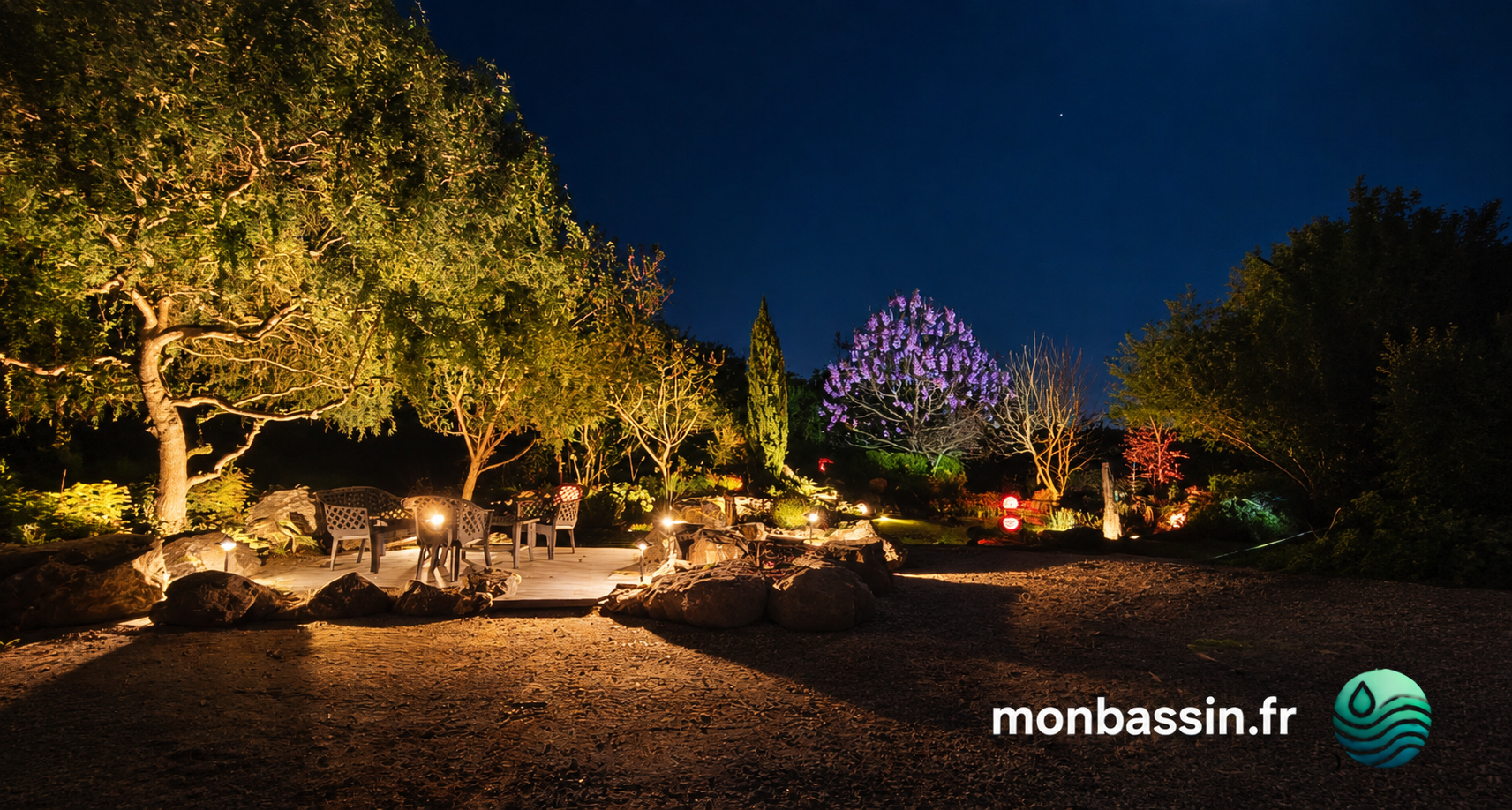 Parc aquatique de démonstration MonBassin.fr éclairé la nuit